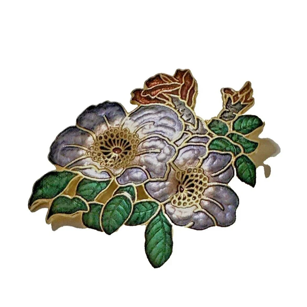 Vintage Cloisonne Enamel Brooch Ornate Floral Gold Tone Pin 1980s Retro 2.25